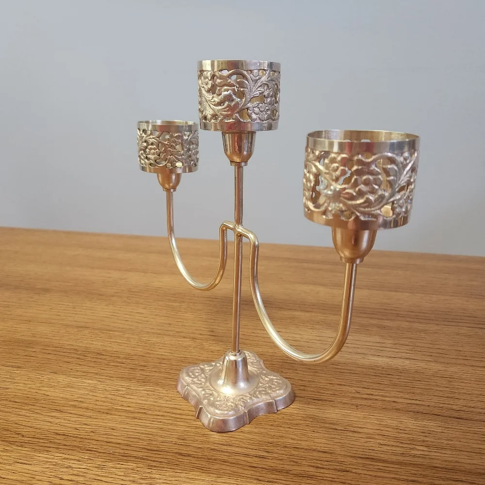 Vintage MCM Brass Floral 3 Arm Candle Holder Candelabra - Picture 2 of 11